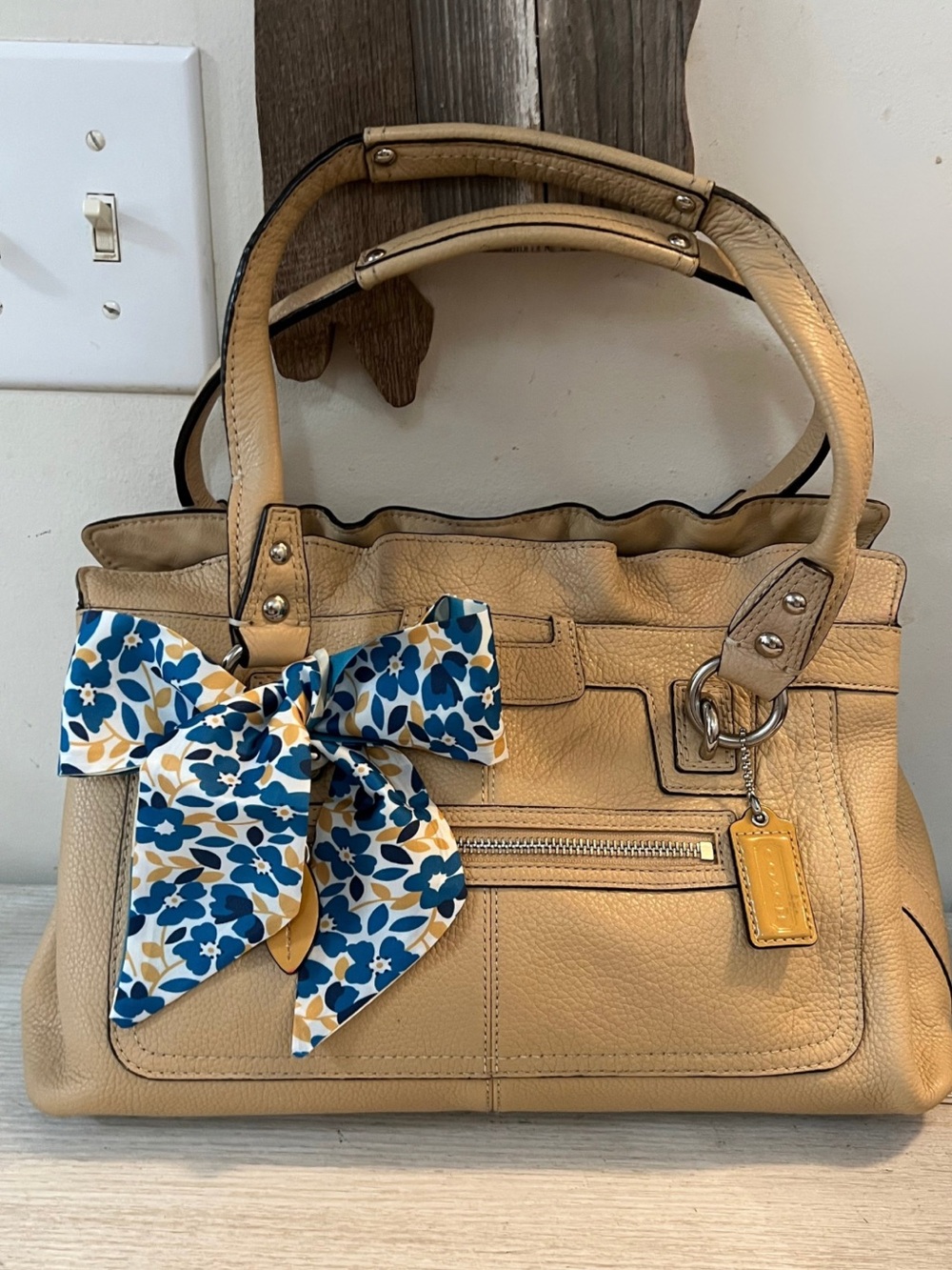 Coach Penelope Beige Pebbled Leather Ruffle Shoulder Tote | F14686